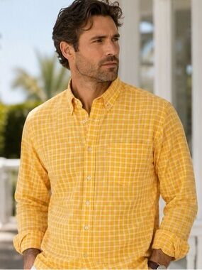J. McLaughlin Men's Large Yellow Plaid Button-Down Classic Fit Shirt